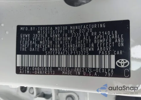 2020 Toyota Corolla Le z USA, uszkodzony, nr VIN 5YFEPRAE7LP113275